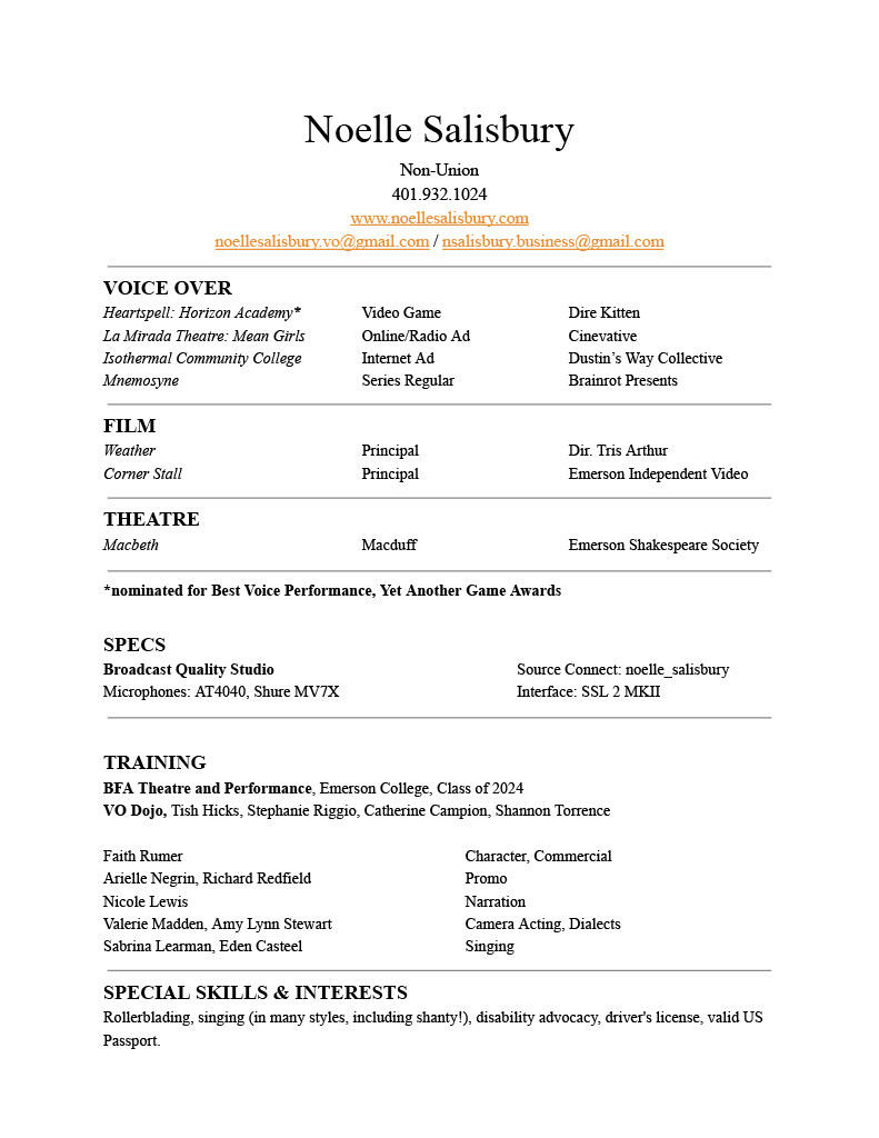 Noelle Salisbury Actor Resume This resume contains a sample of some of my recent work.